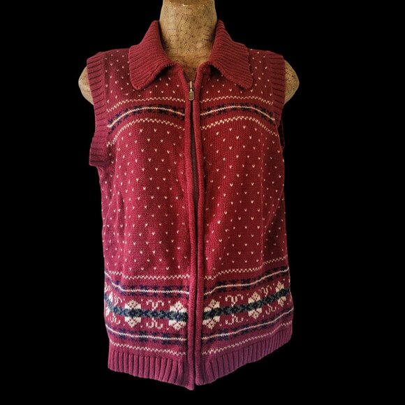 Vintage Burgundy Knit Sweater Vest With Fair Isle Pattern Sleeveless - Picture 2 of 8